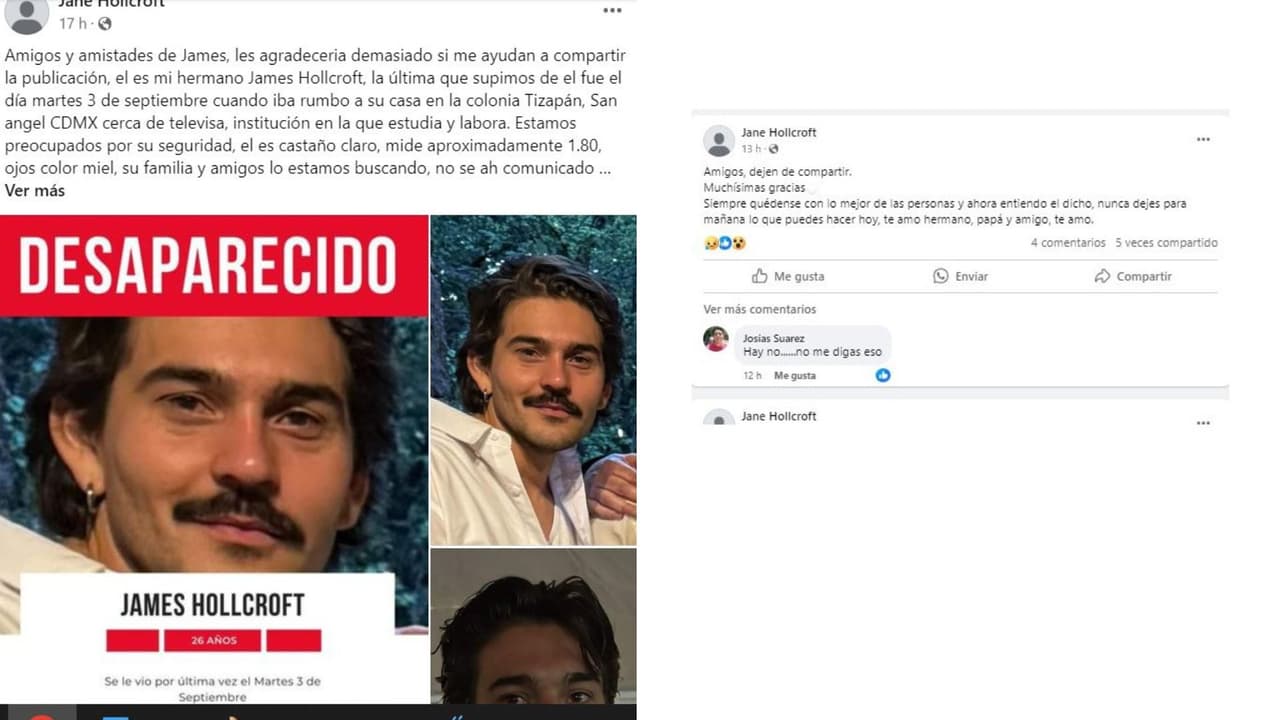 Hermana de James Hollcroft reporta desaparición del actor.