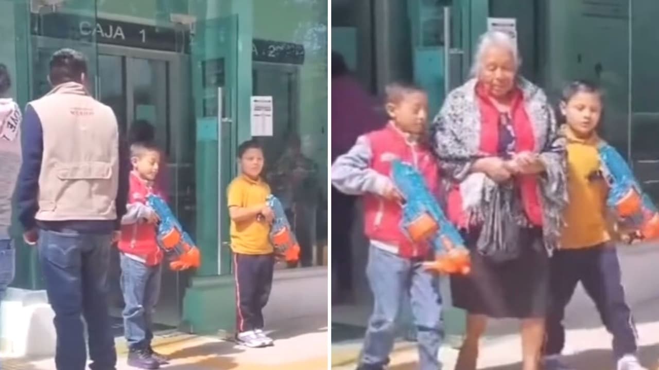 Niños se vuelven mini guardaespaldas de su abuelita al salir del banco y enternecen al Internet