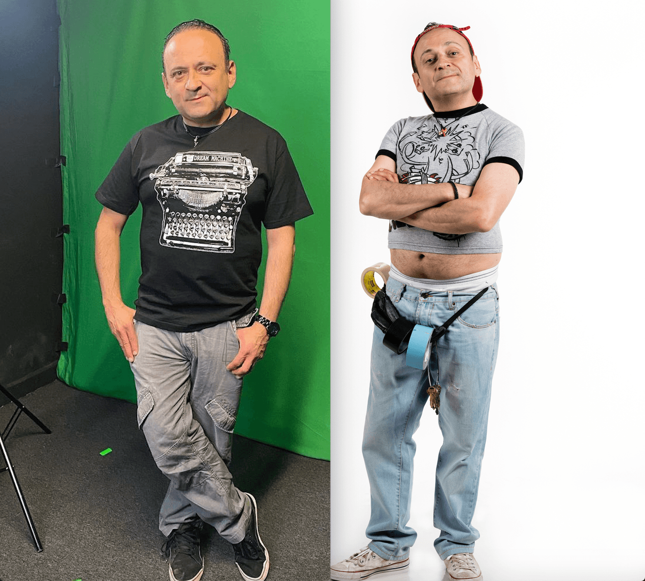 A pesar de también usar muchos jeans y tennis, Lalo España usa, para empezar, playeras más largas que 'Germán' o camisas y por lo general no lo vemos con gorra, sino con otro tipo de accesorios como gargantillas.