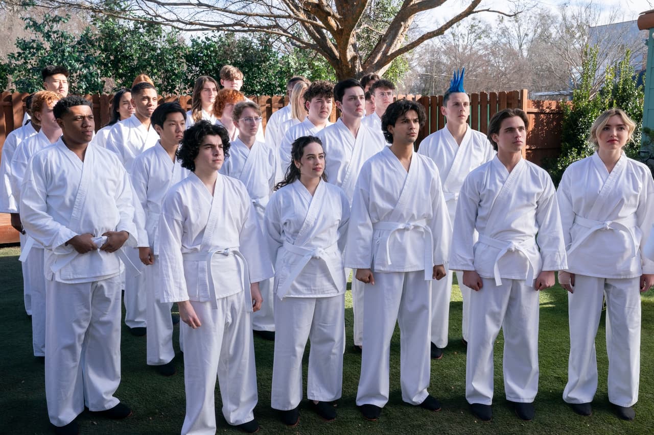 Cobra Kai. (L to R) Khalil Everage as Chris, Nathaniel Oh as Nate, Griffin Santopeitro as Anthony Larusso, Owen Morgan as Bert, Mary Mouser as Samantha LaRusso, Aedin Mincks as Mitch, Gianni DeCenzo as Demetri, Xolo Maridueña as Miguel Diaz, Jacob Bertrand as Eli 'Hawk' Moskowitz, Tanner Buchanan as Robby Keene, Peyton List as Tory Nichols in Cobra Kai. Cr. Curtis Bonds Baker/Netflix © 2024