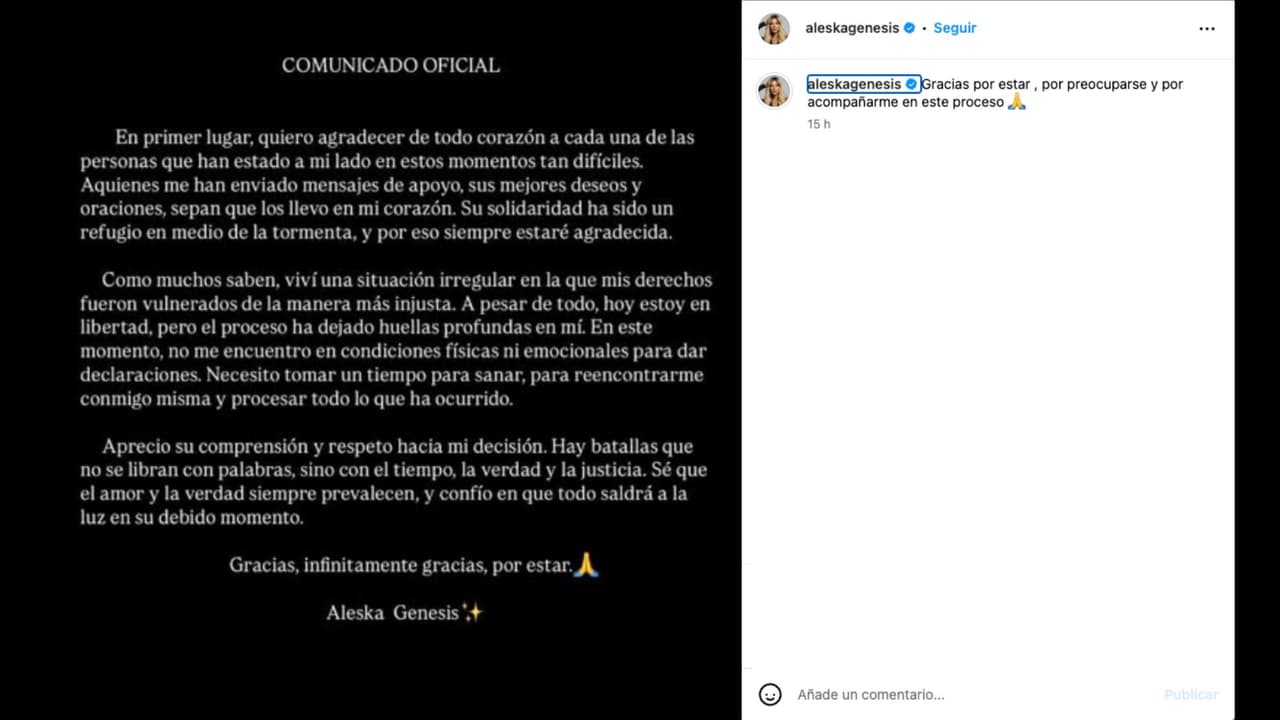 Aleska Génesis lanza comunicado tras ser vinculada a proceso y ser puesta en libertad