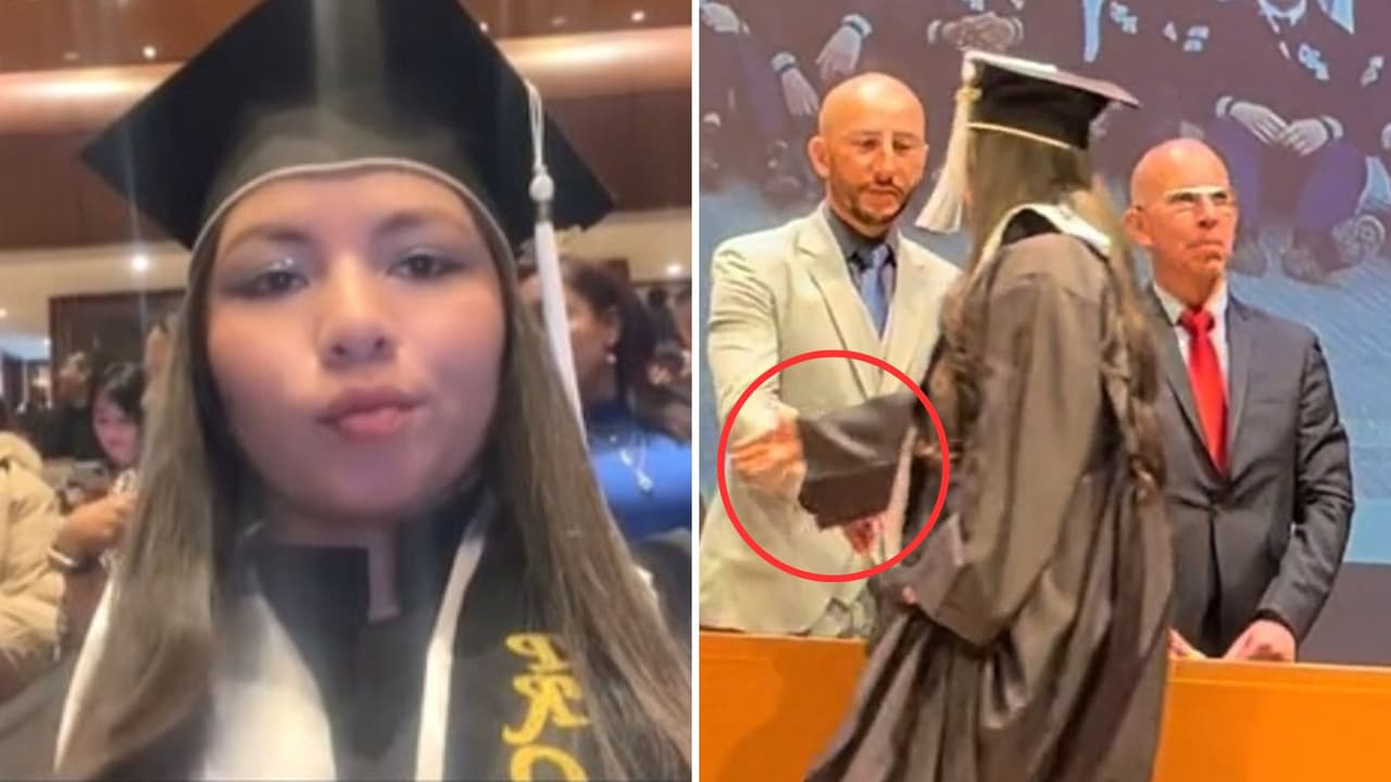Joven deja con la mano estirada a su maestro en entrega de diplomas y causa debate en TikTok