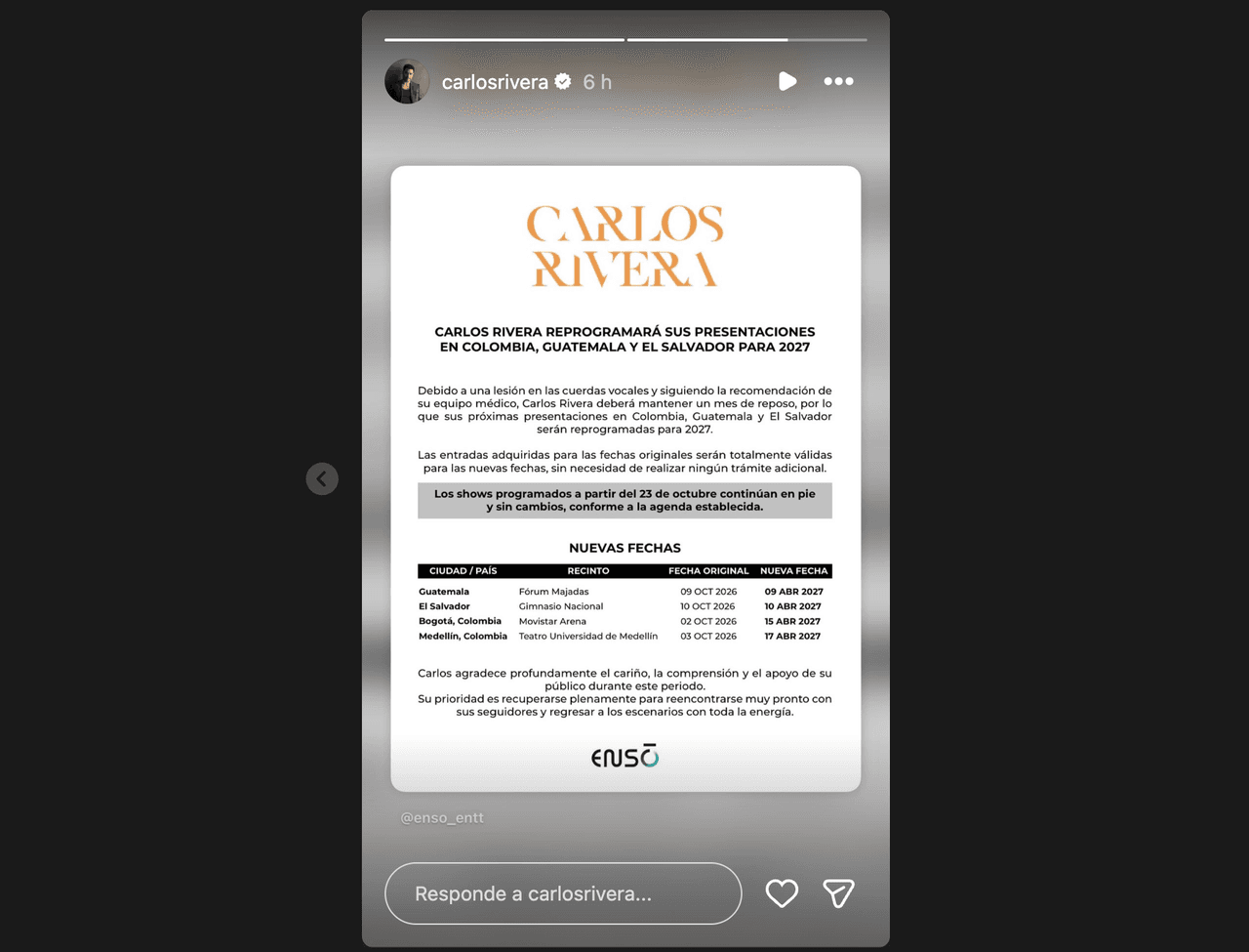 Carlos Rivera reprogramación de conciertos.