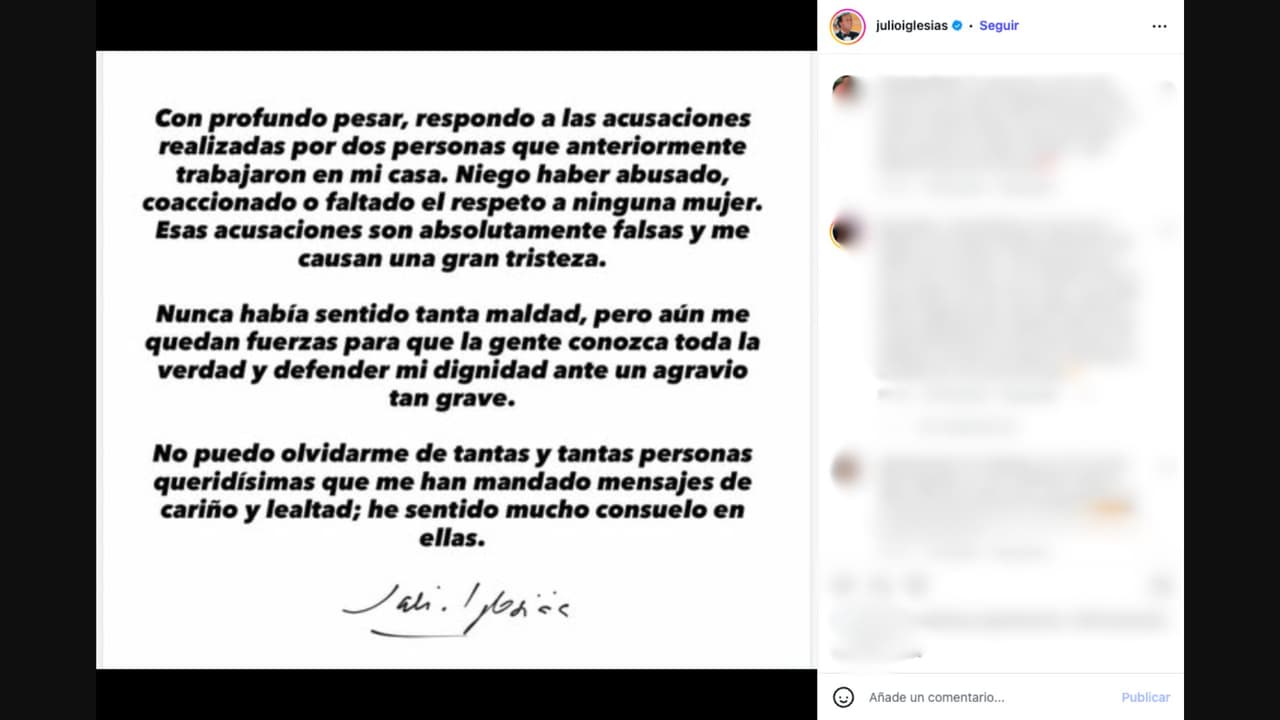 Julio Iglesias lanza comunicado tras acusaciones de sus exempleadas