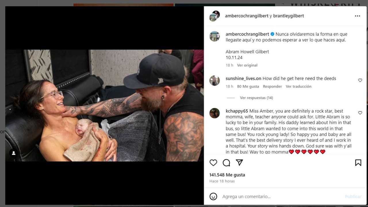 Brantley Gilbert y su esposa tras nacimiento de su hijo en pleno autobús.
