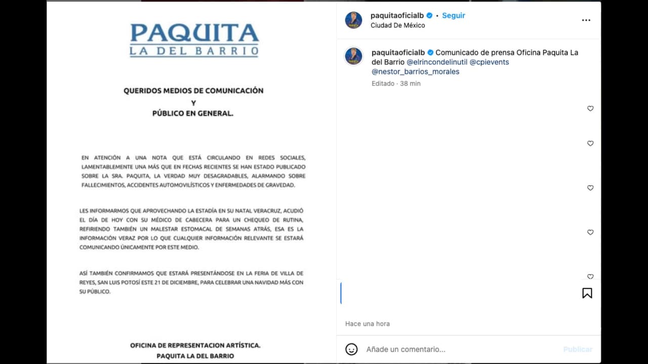 Aclaran estado de salud de Paquita la del Barrio
