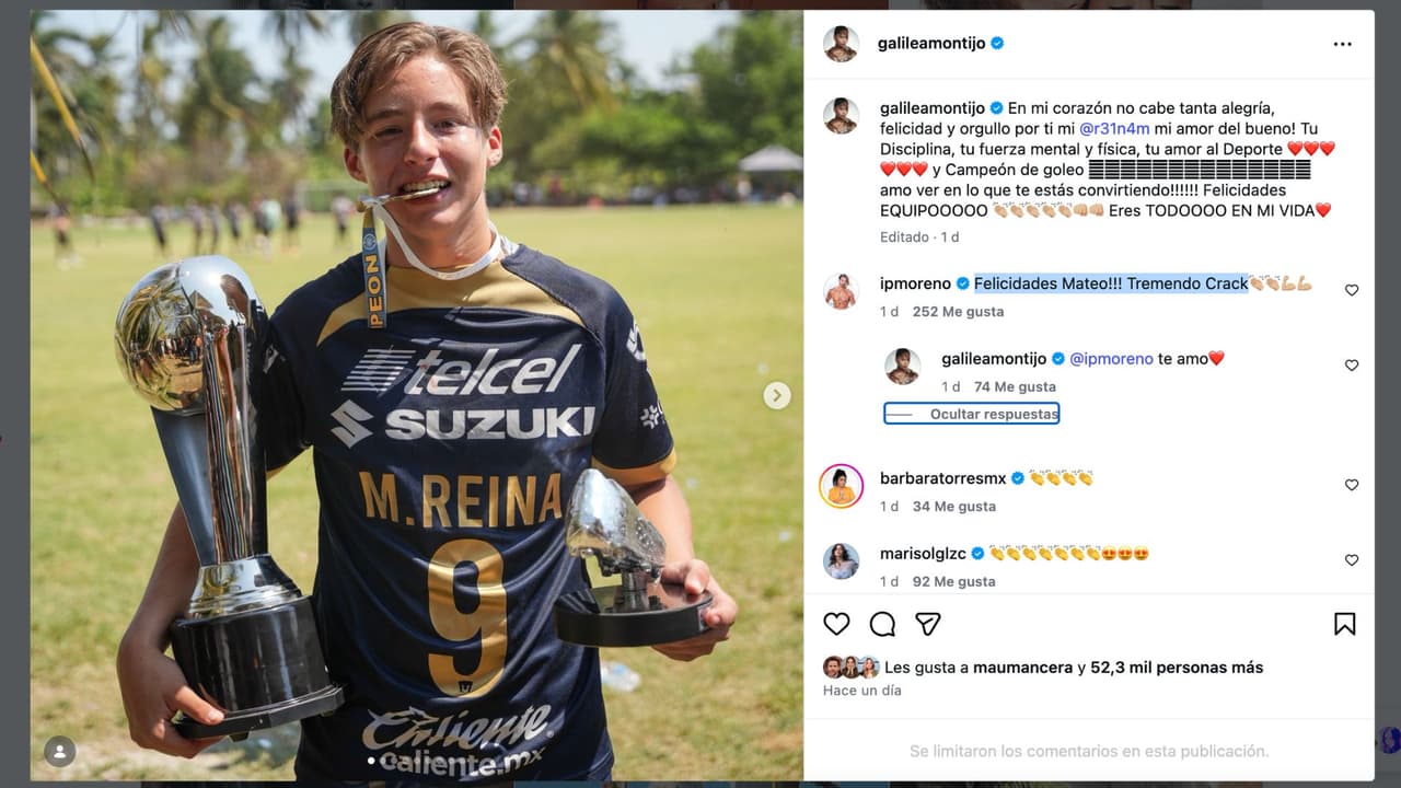 Galilea Montijo felicita a su hijo Mateo por sus logros en el futbol.