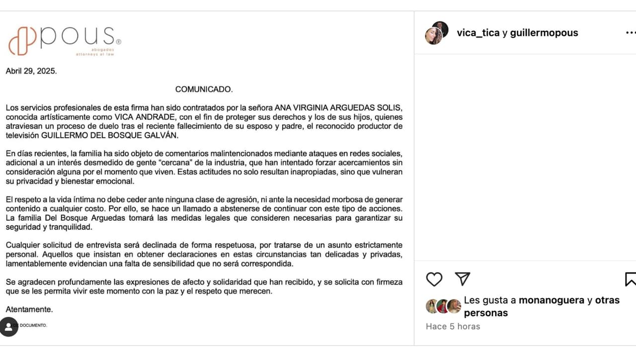 Vica Andrade publica comunicado.