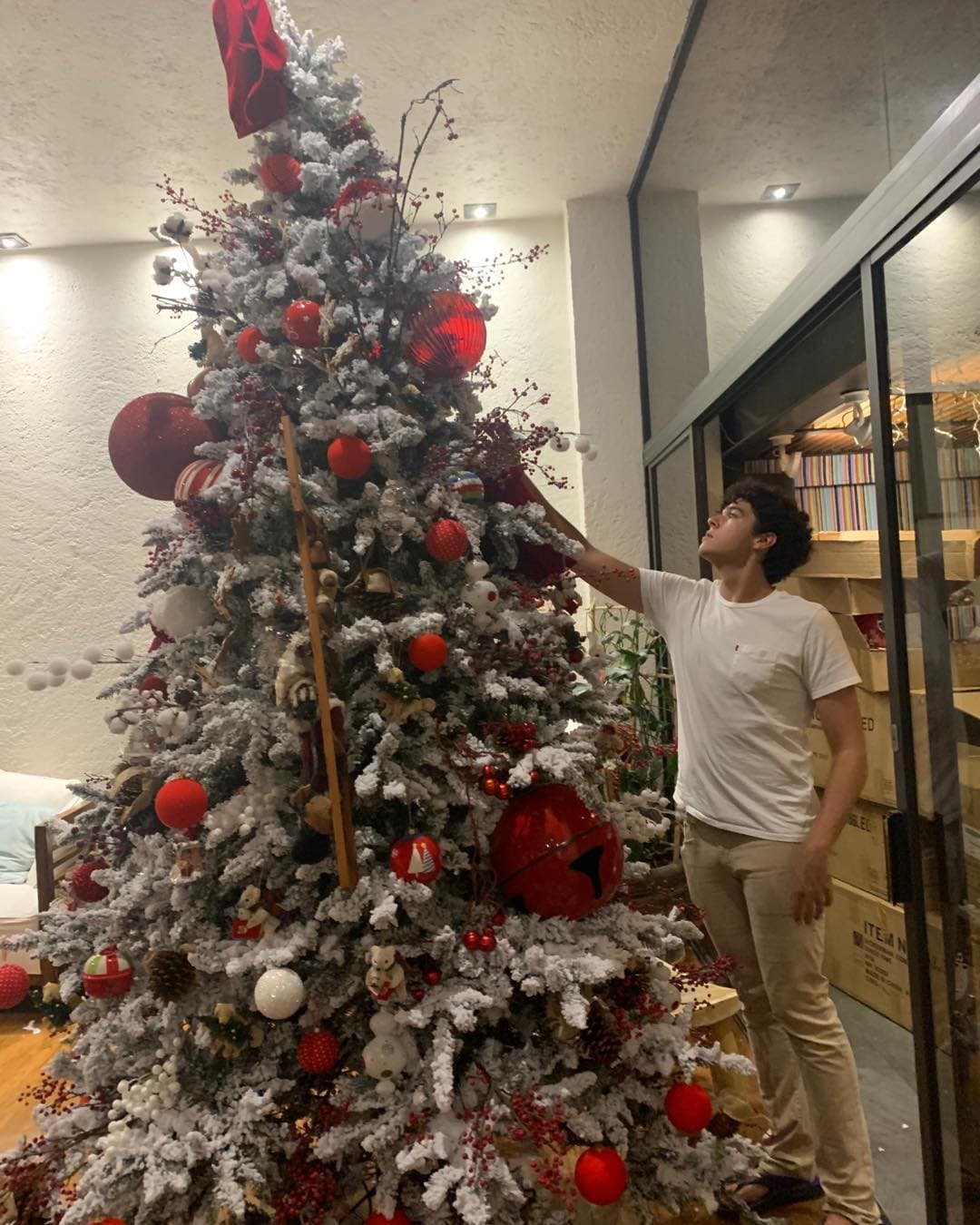 Debajo de ellas hay un letrero con la leyenda ‘Taller de elfo’ y está rodeada por muñecos de Santa Claus y otras esferas en forma de osos, regalos y muñecos de nieve.