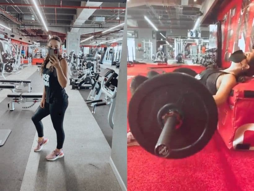 Hija de Andrea Legarreta se deja ver cargando una barra de discos sobre su abdomen.