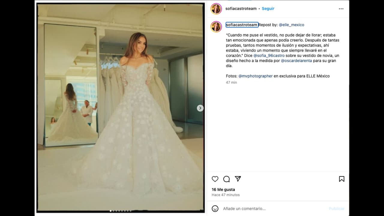 Revista comparte fotografías de la primera vez que Sofía Castro se probó su vestido de novia