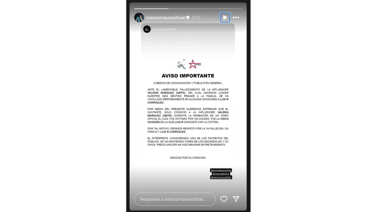 Luis R Conriquez envía comunicado tras muerte de Valeria Márquez.