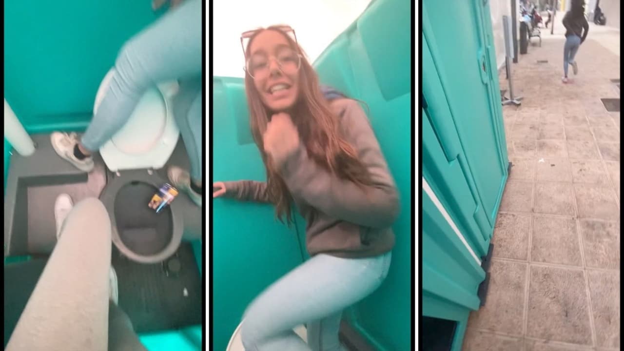 Cae celular dentro de un baño portátil y se hace viral en TikTok