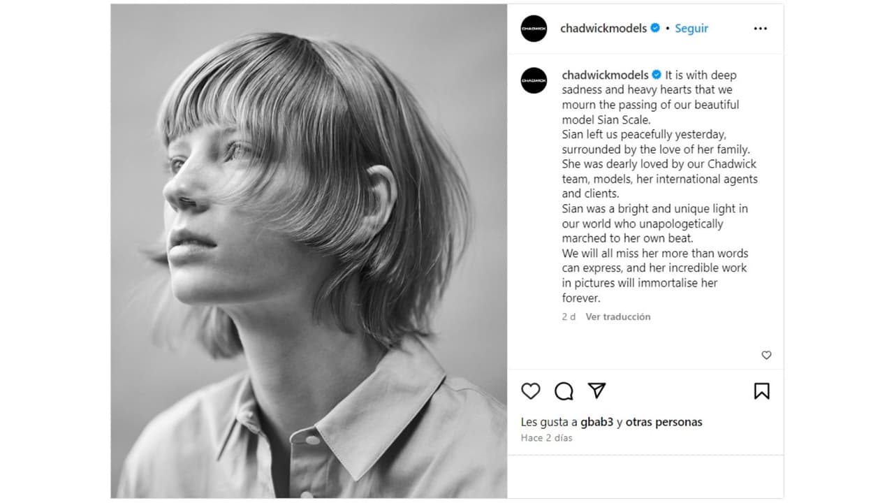La agencia Chadwick Models publicó un mensaje de despedida para Sian Scale.