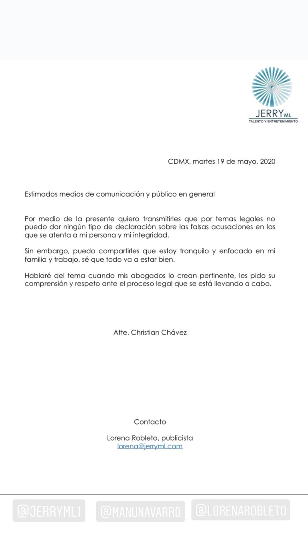 Christian Chávez emite comunicado para defenderse de acusaciones en su contra