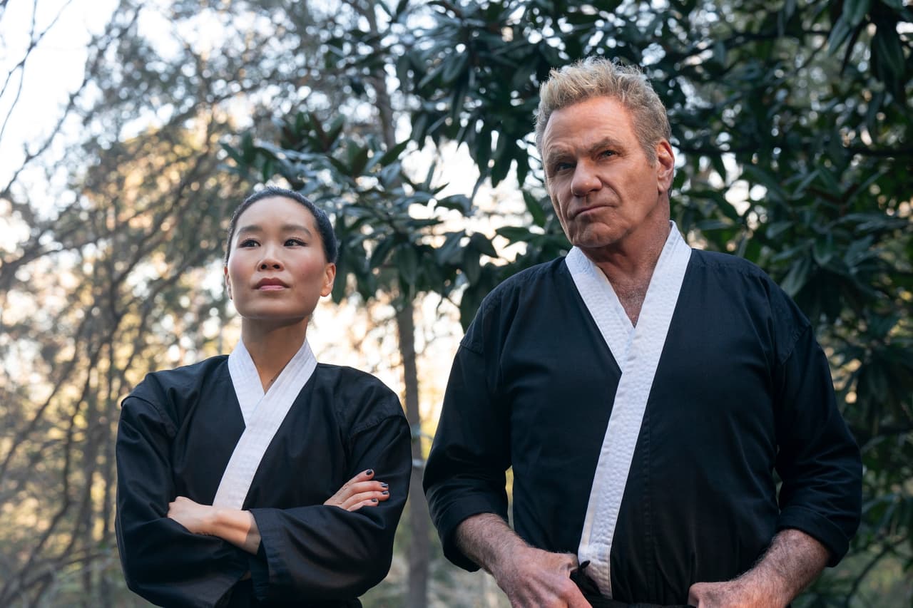 Cobra Kai. (L to R) Alicia Hannah-Kim as Kim Da-Eun, Martin Kove as John Kreese in Cobra Kai. Cr. Curtis Bonds Baker/Netflix © 2024