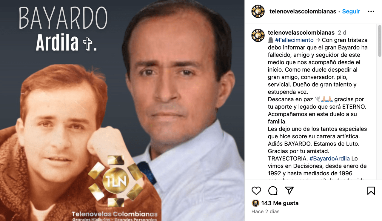 Despiden al actor Bayardo Ardila tras confirmarse su muerte