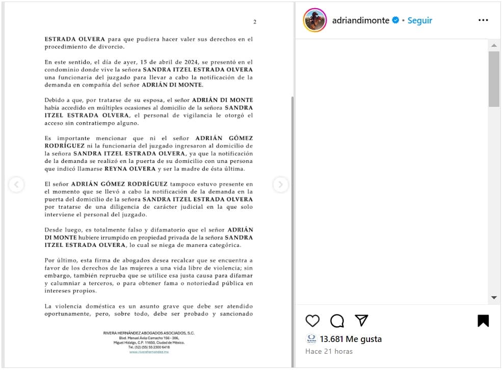 Adrián Di Monte respondió, con ayuda de sus abogados, a Sandra Itzel.