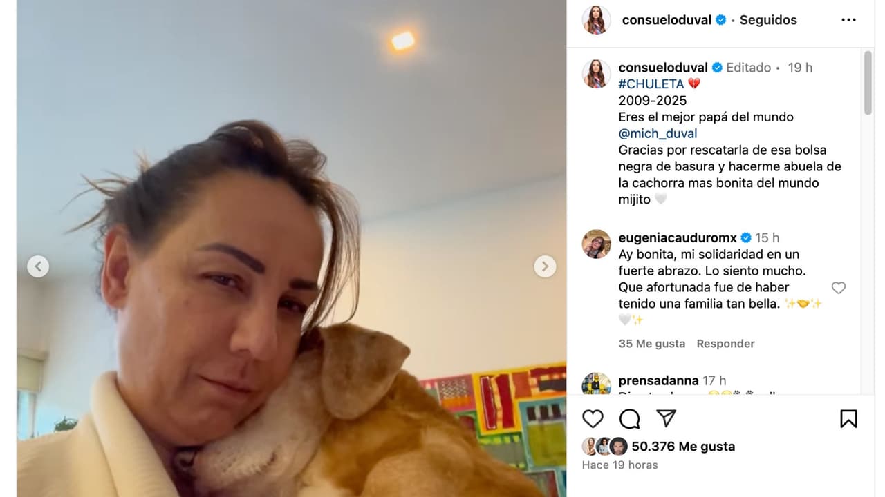 Consuelo Duval anuncia la muerte de 'Chuleta', la mascota de su hijo Michele Duval.