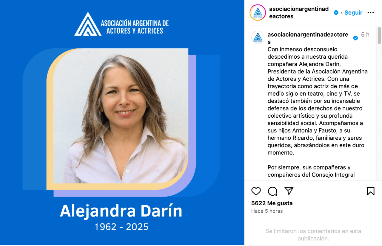 Muere la actriz de telenovelas Alejandra Darín a los 62 años