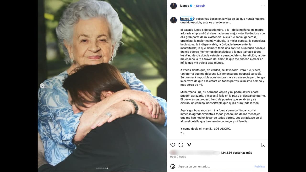 Juanes dedica emotivo mensaje a su fallecida madre