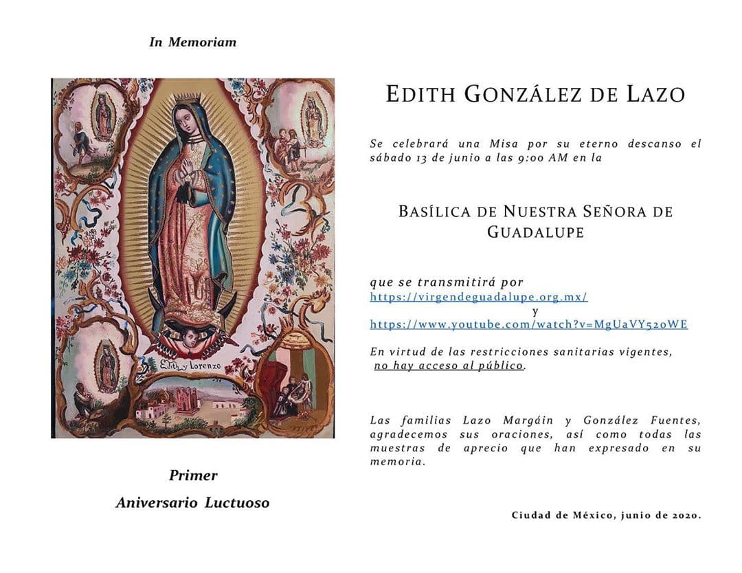 En su primer aniversario luctuoso, la protagonista de telenovelas como 'Salomé', 'Corazón salvaje' y 'Doña Bárbara' también fue recordada esta mañana con una misa ofrecida en su honor en la Basílica de Guadalupe a la que, por las medidas sanitarias impuestas en medio de la pandemia, sólo pudieron asistir sus seres más allegados, pero de la que sus seguidores pudieron ser parte a través de la transmisión en vivo que se compartió en la página oficial y el canal de YouTube del recinto religioso.