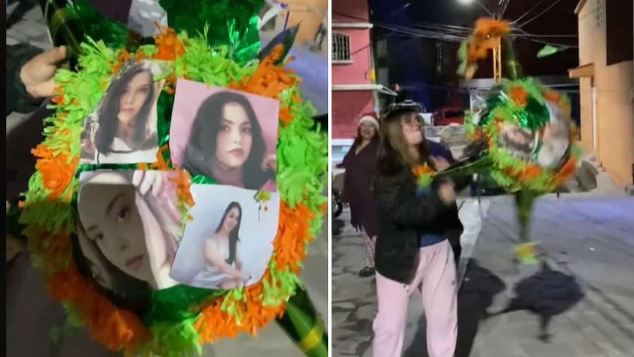 Amigos hacen piñata con fotos de sus exparejas y la rompen en fiesta navideña: le pegaron con todo