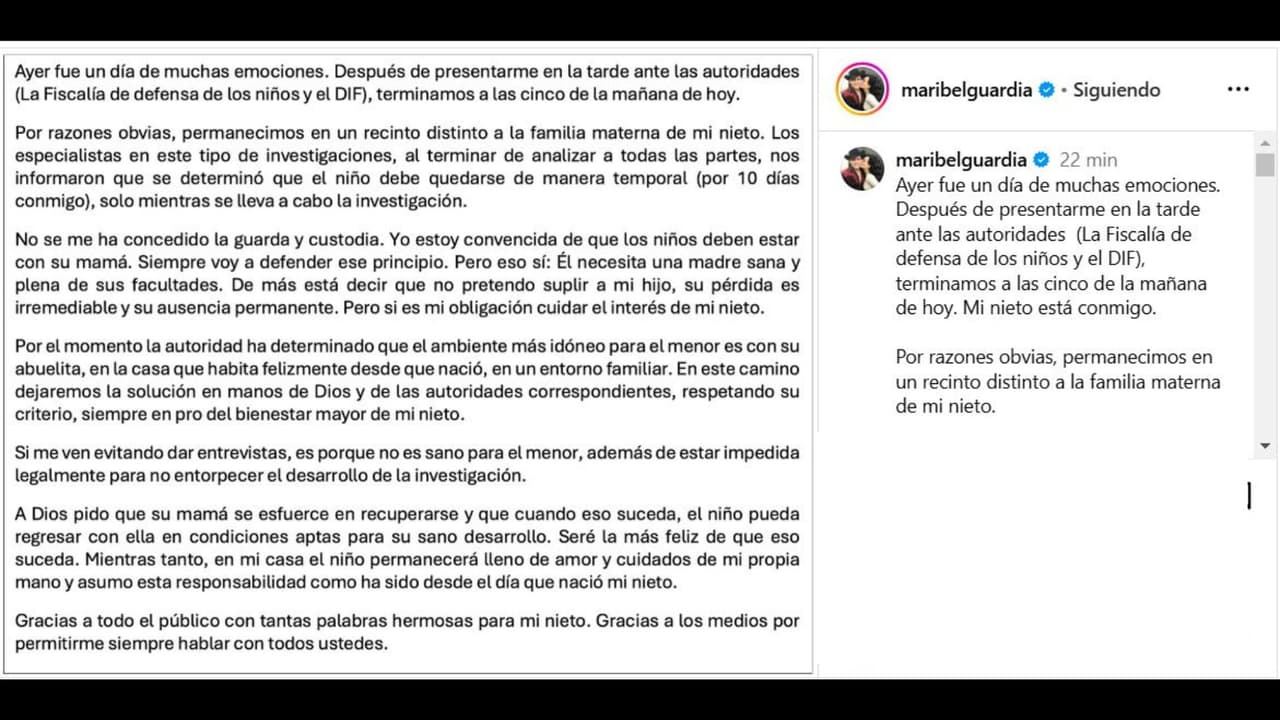 Maribel Guardia lanza comunicado donde confirma que su nieto permanecerá a su lado durante la investigación