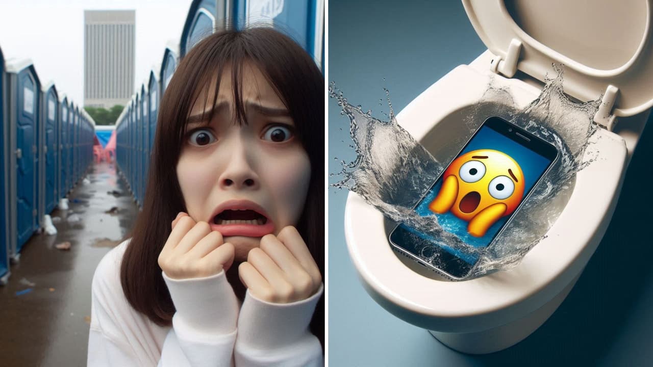 Joven pierde su celular tras caer en baño portátil y los internautas se preguntan si lo recuperaron