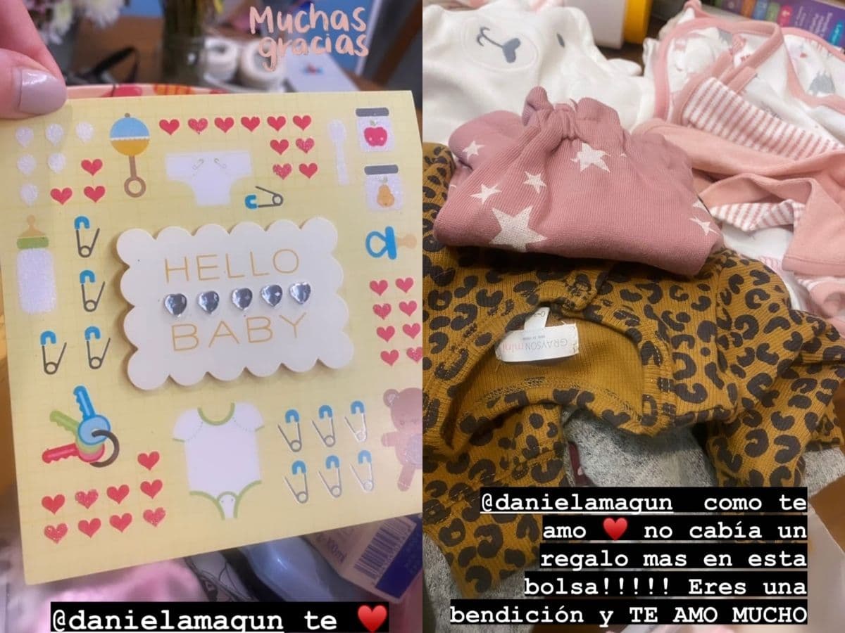 Natalia Téllez muestra los regalos que le mandó Daniela Magún para su hija Emilia.