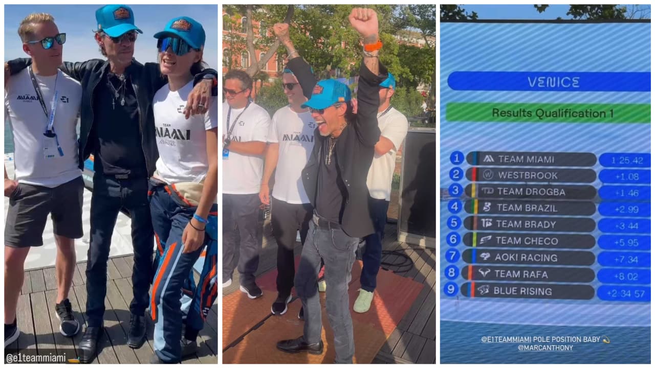 Marc Anthony celebrando con su equipo de la E1.