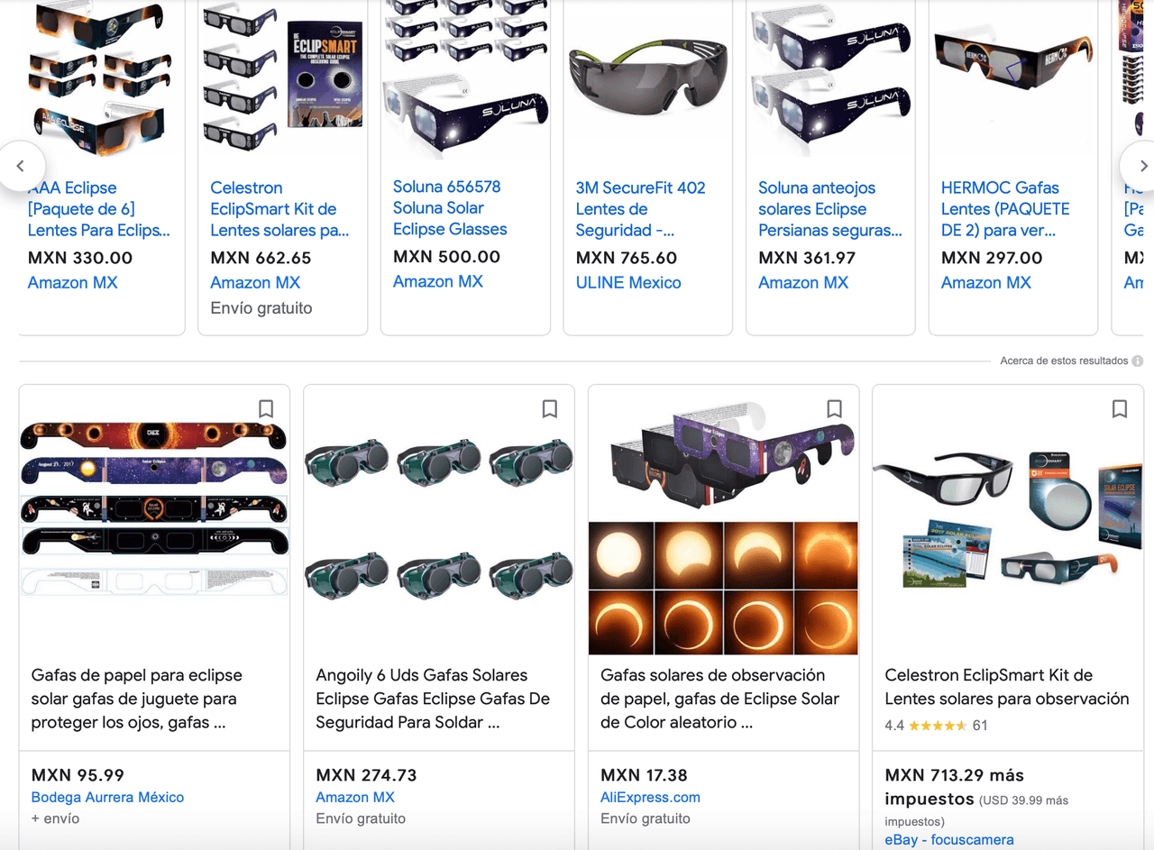 Precio de lentes para ver eclipses en varios sitios de Internet