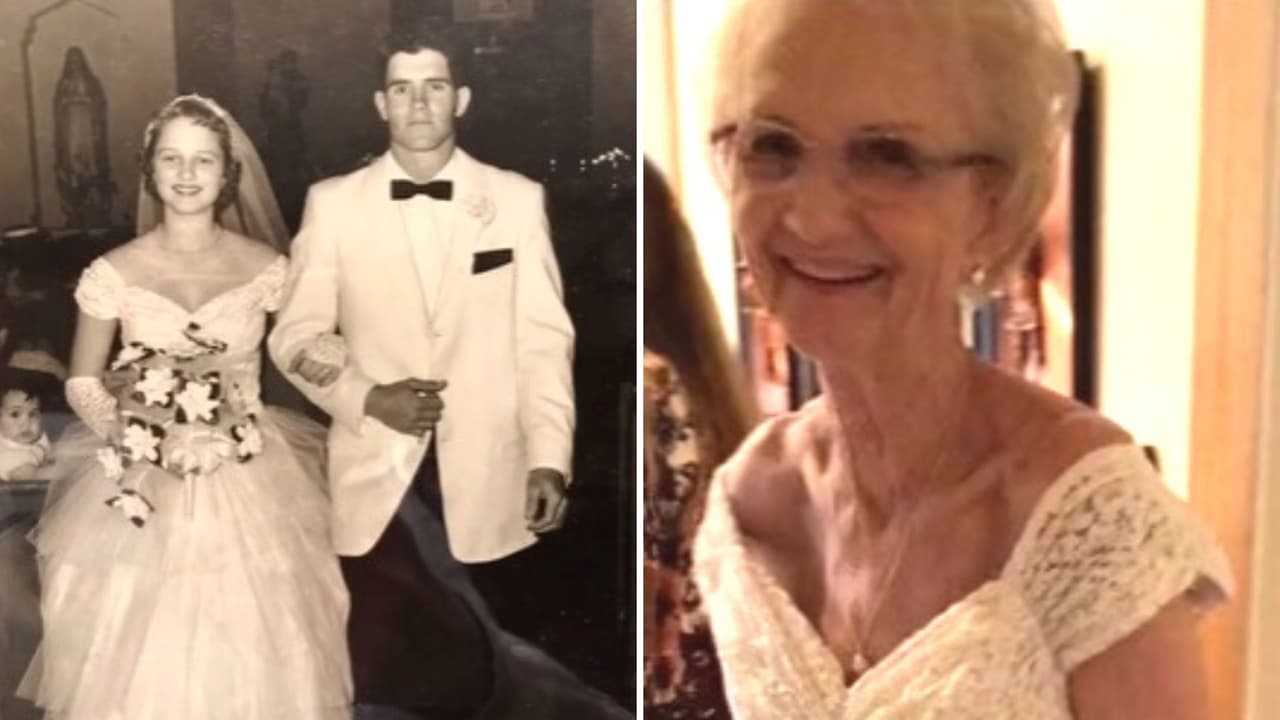Mujer se prueba su vestido de novia 60 años después y así reaccionó su esposo al verla