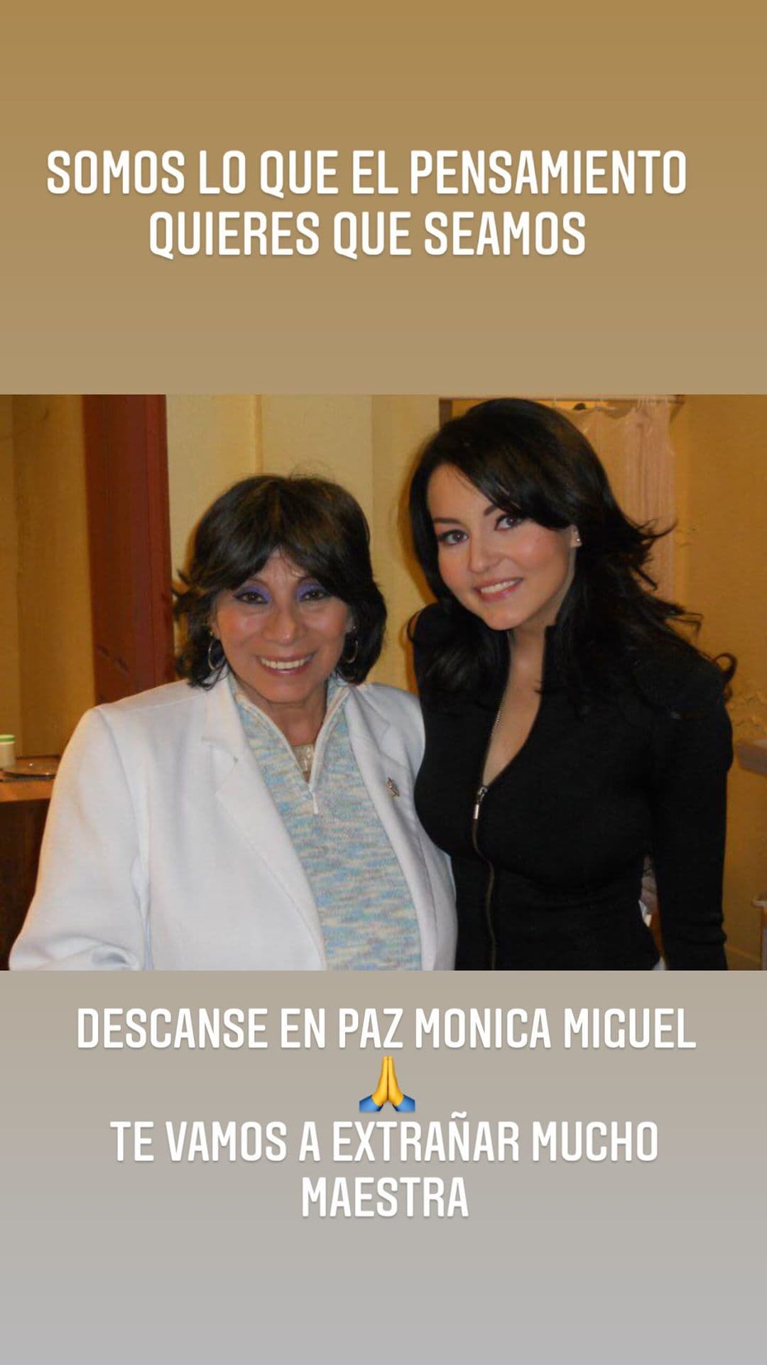 Una de las primeras en reaccionar fue Angelique Boyer, quien a través de una historia de su cuenta de Instagram recordó cómo fue trabajar con Mónica Miguel en ‘Teresa’ y destacó que deja un gran vacío en el mundo de la actuación.