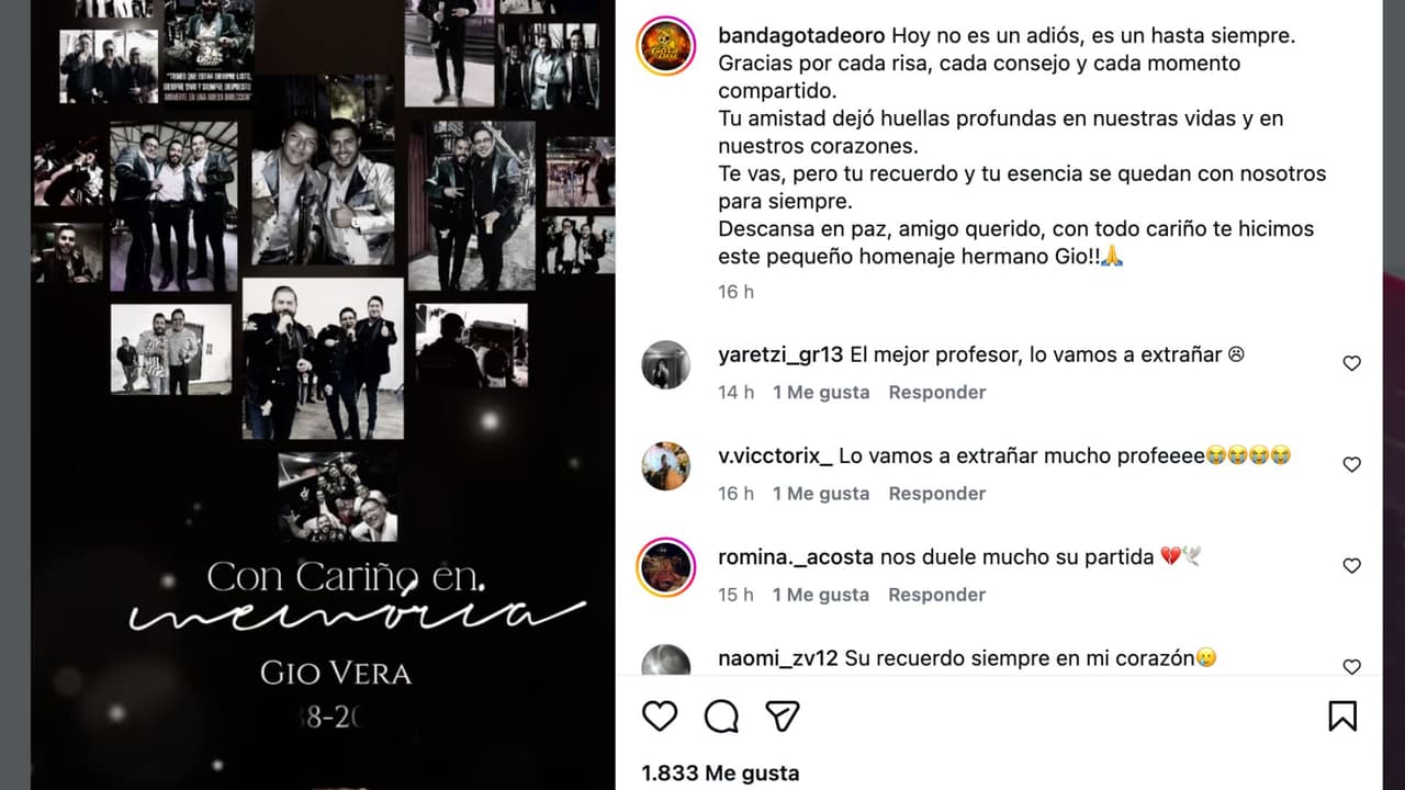 Despiden a Giovanni Vera, vocalista de 'Banda Gota de Oro'.