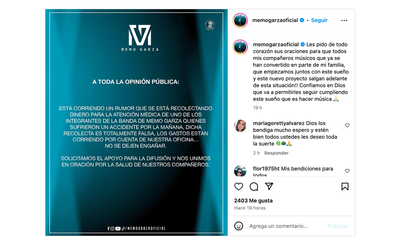 Memo Garza niega acusaciones y pide oraciones para integrantes de banda de regional mexicano