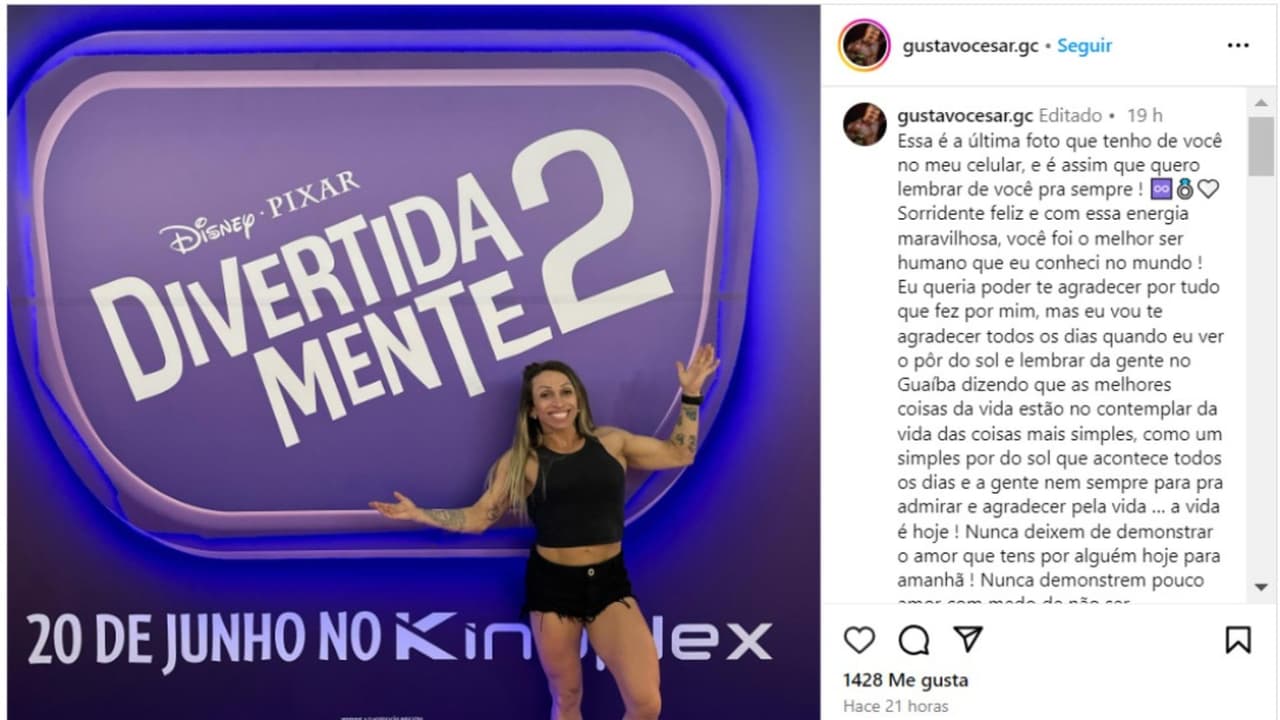 Gustavo Cesar publica última foto de la influencer Cintia Goldani.