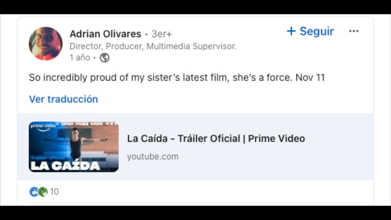 Adrián Olivares felicitó a su hermana Karla Souza por el éxito de la película 'La caída'.