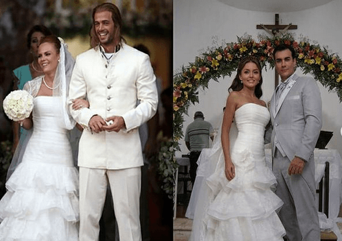 Laura Carmine y Angelique Boyer. Mismo caso fue el de estas actrices, quienes llegaron al altar en la ficción con esta prenda. Carmine lo hizo en 'La Tempestad' junto a William Levy, y Boyer en 'Abismo de Pasión' con David Zepeda.
