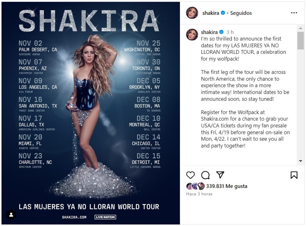 Shakira anunció las primeras ciudades de su ‘Las mujeres ya no lloran World Tour’.