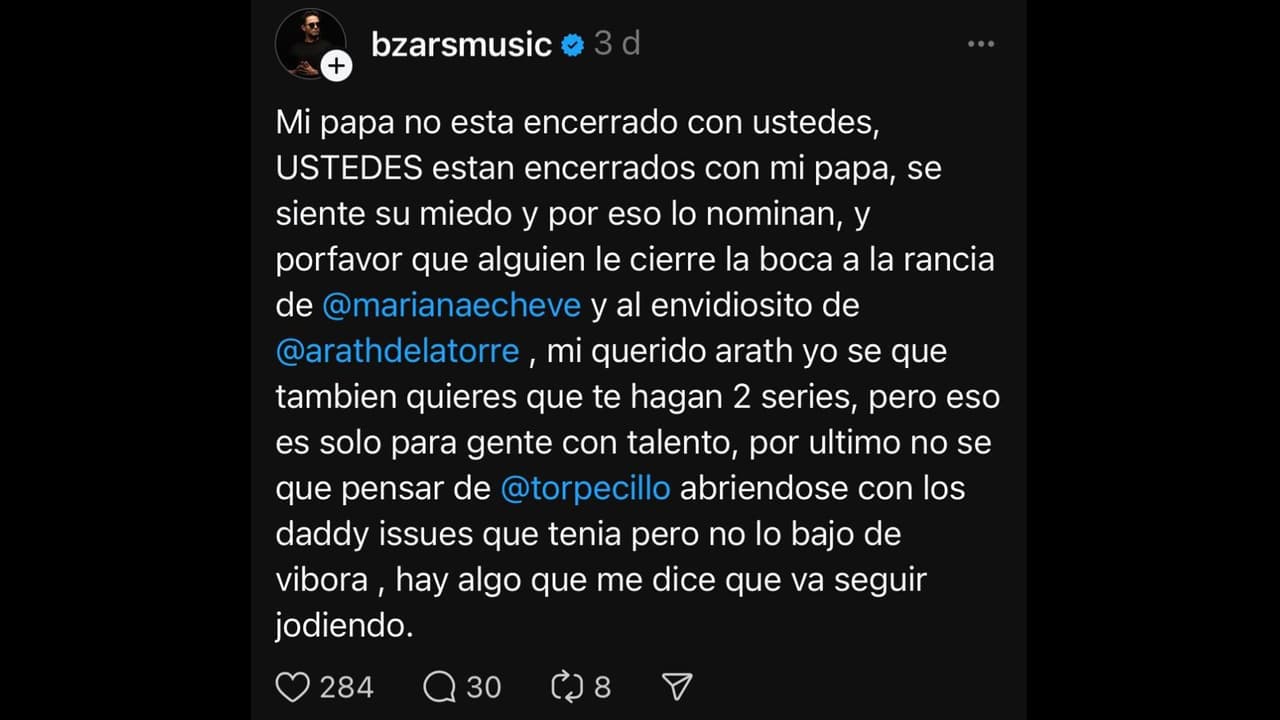 Hijo de Mario Bezares se pronuncia contra Mariana Echeverría y Arath de la Torre