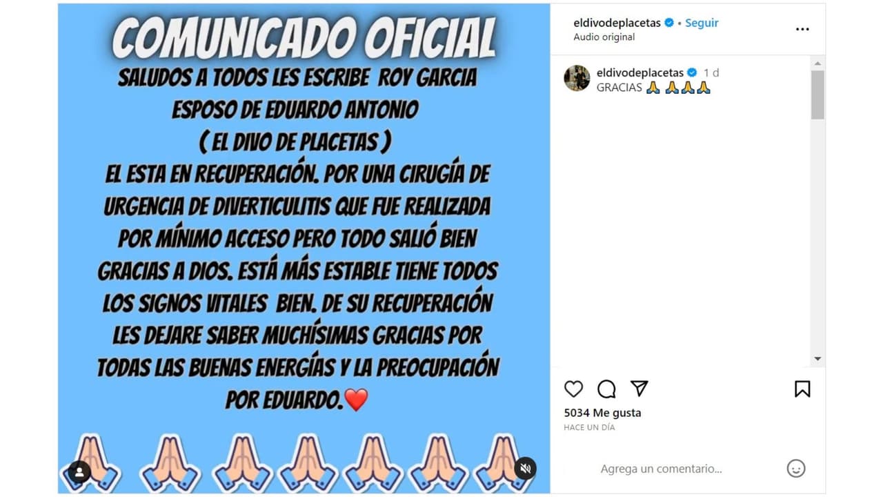 Esposo de Eduardo Antonio informó sobre su condición.