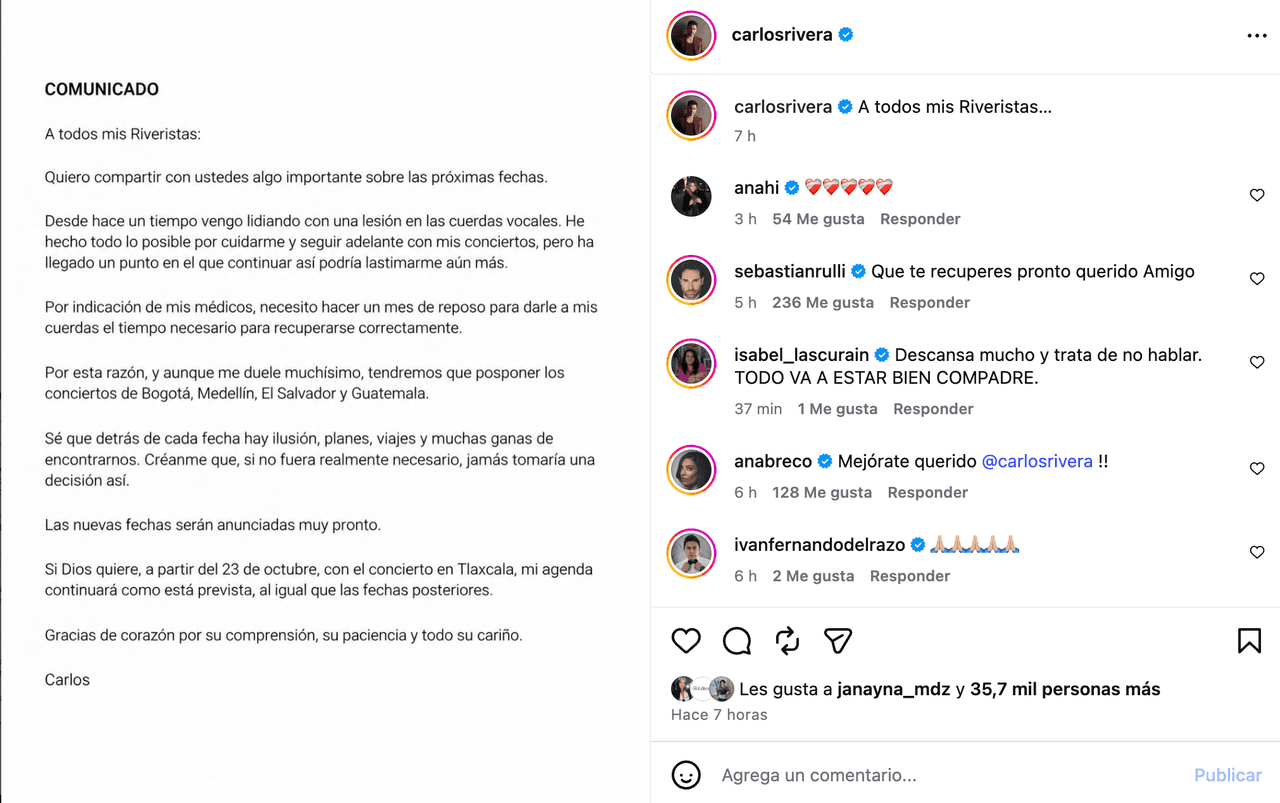 Carlos Rivera reprogramación de conciertos.