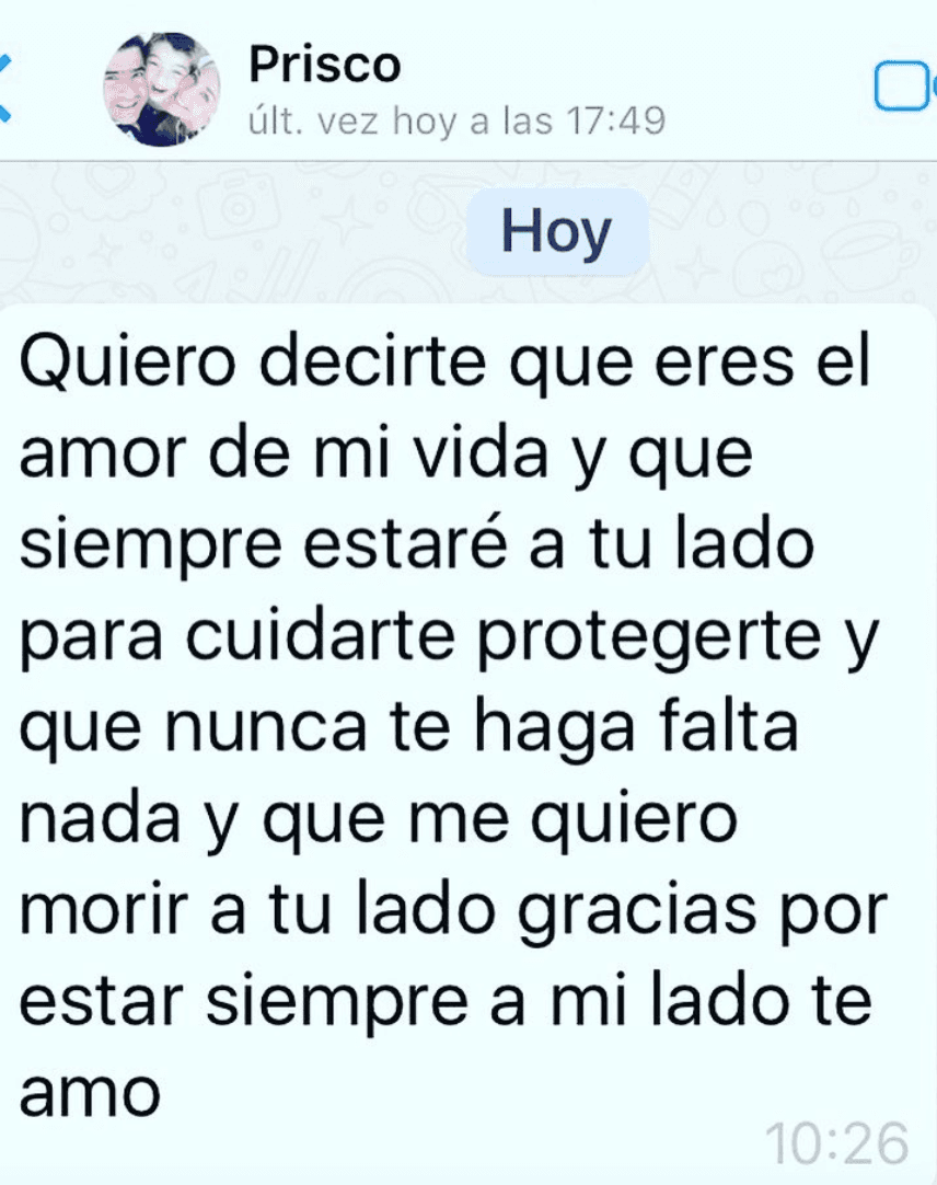 “Quiero decirte que eres el amor de mi vida y que siempre estaré a tu lado para cuidarte y protegerte y que nunca te haga falta nada”, le escribió a Sharis Cid en un 
<a href="https://www.instagram.com/p/BUXRFdgg-bP/?taken-by=shariscid">mensaje de WhatsApp</a> en mayo de 2017. “Me quiero morir a tu lado. Gracias por estar siempre a mi lado. Te amo”.