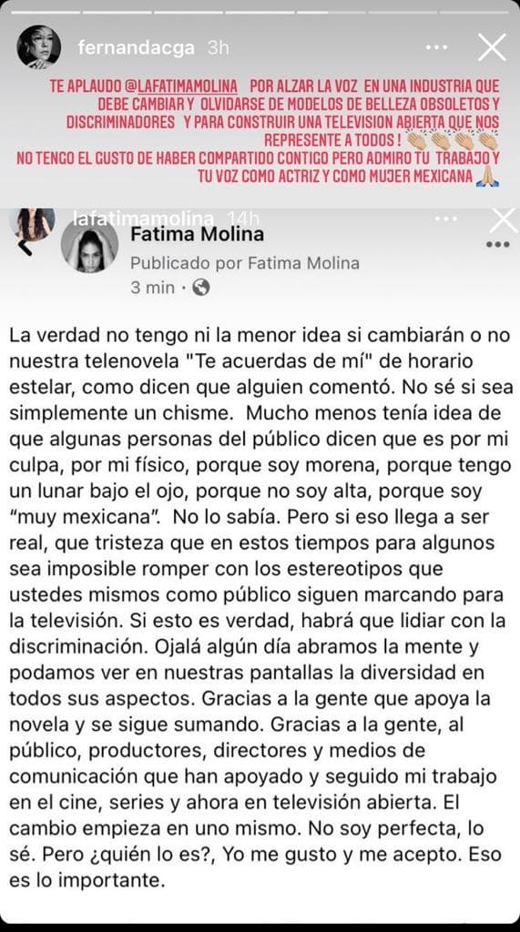 Fernanda Castillo apoya a Fátima Molina tras denunciar ser víctima de discriminación.