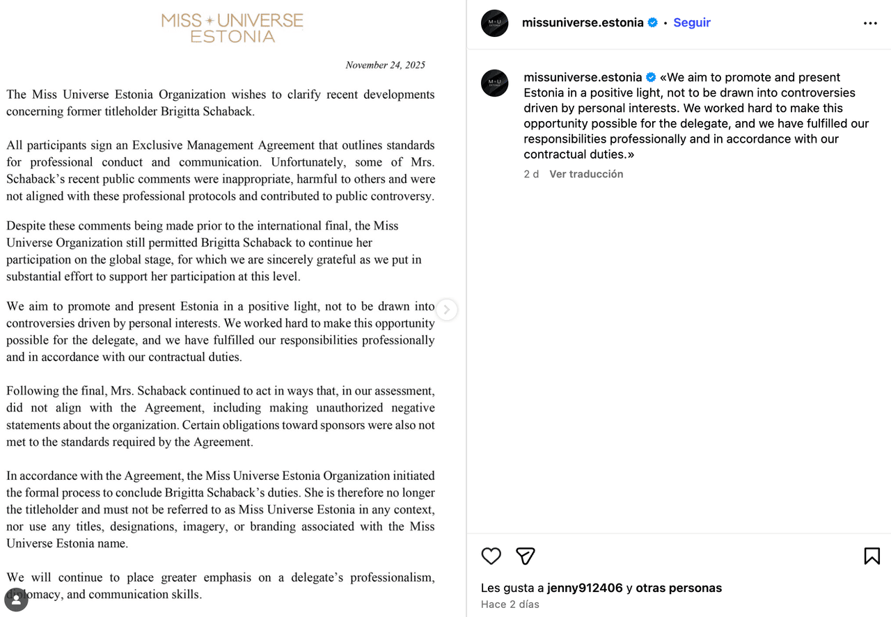 Miss Estonia comunicado.