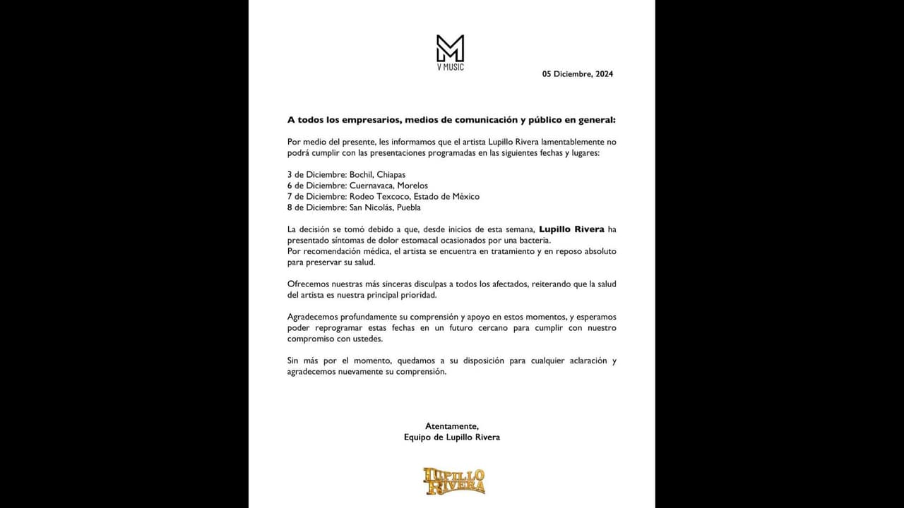 Equipo de Lupillo Rivera lanza comunicado donde eplica por qué se cancelaron los conciertos que daría el cantante en México