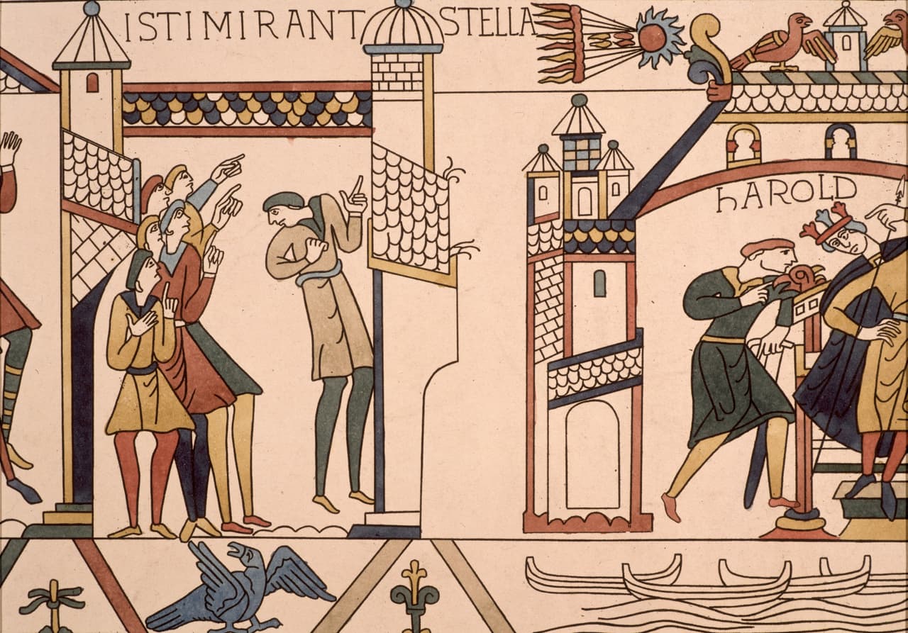 En uyn tapiz de Bayeux se retrató que, alrededor del año 1090, las personas presenciaron el cometa Halley, así como el momento en el que se le informa al rey Harold de la conquista normanda de Inglaterra.
