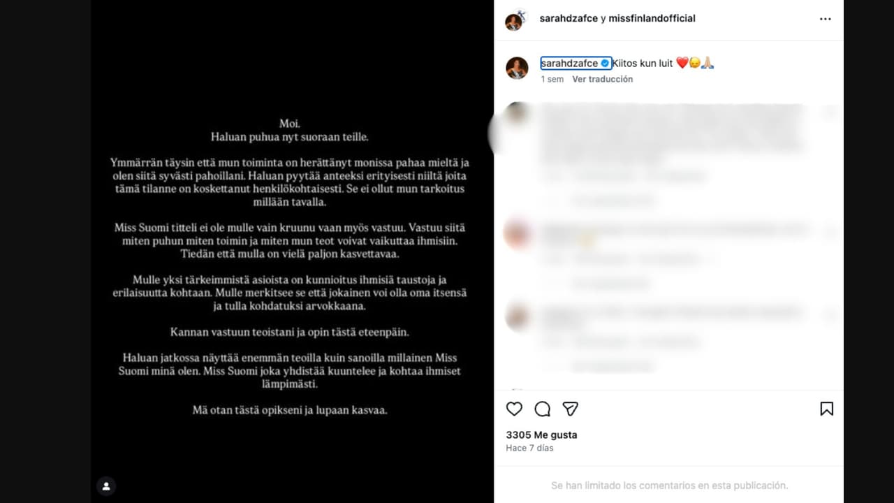 Miss Finlandia ofrece disculpa tras polémica con una fotografía en redes