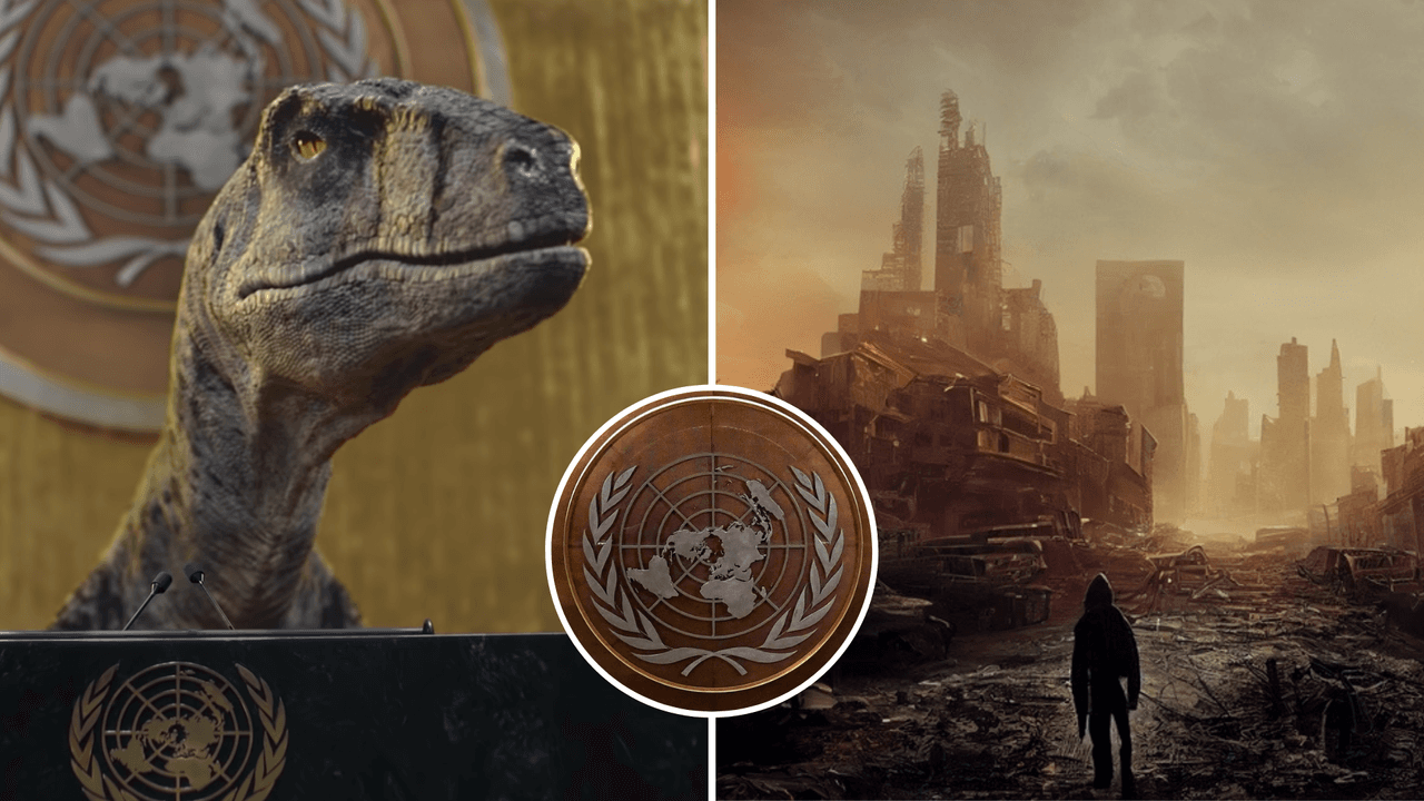Dinosaurio ‘regaña’ y lanza poderosa advertencia a la humanidad en la ONU: “No elijan la extinción”